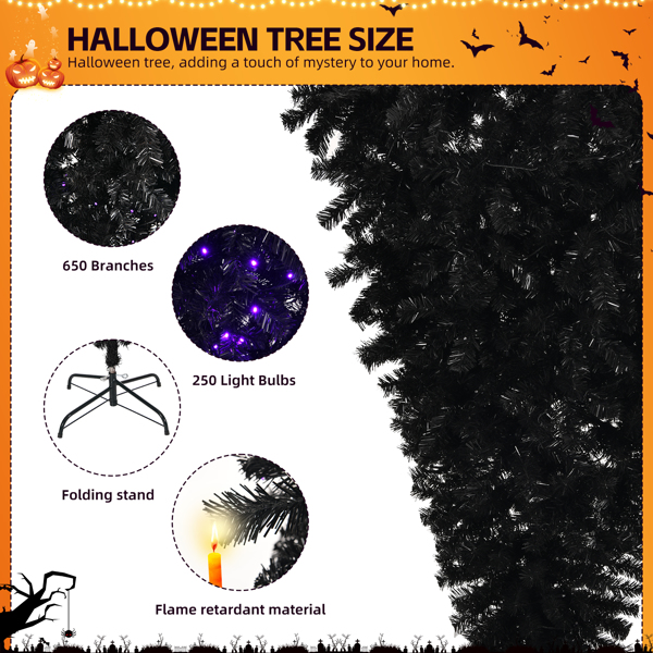 6 FT Pre-lit Upside Down Artificial Christmas Tree, Black Halloween Tree with 250 Purple Lights and Pumpkin & Skull Ornaments