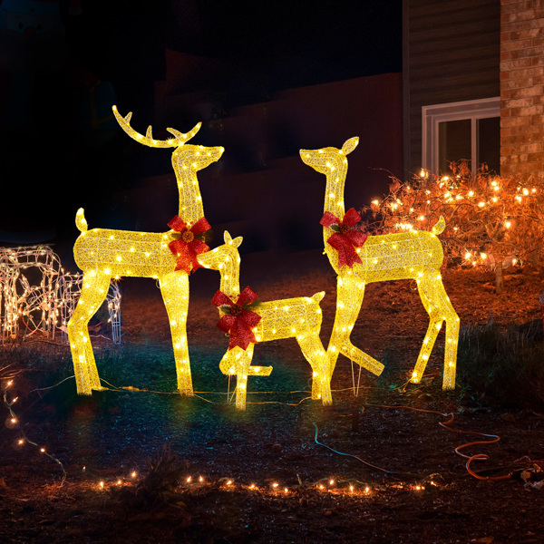 3-Piece Lighted Christmas Reindeer Family Set Outdoor Decorations, Weather Proof 2D Deer Family Set of 3 Christmas Ornament Home Decor Pre-lit 200 LED Warm White Lights with Stakes, Golden