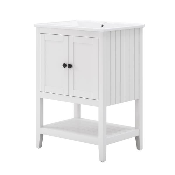 24" White Modern Sleek Bathroom Vanity Elegant Ceramic Sink with Solid Wood Frame Open Style Shelf