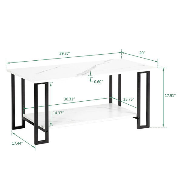 Coffee Table, 2 Layers 1.5cm Thick Marble MDF Rectangle 39.37" L Tabletop Iron Coffee Table , Dining Room, Coffee Shop, Resterant, White Top, Black Leg 