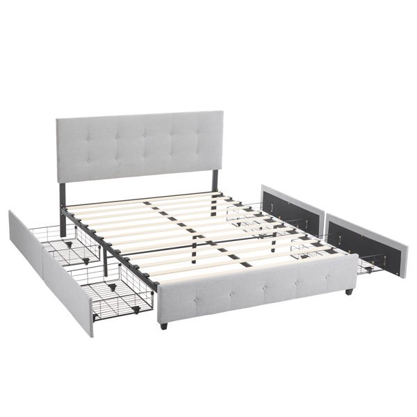 Upholstered Queen Platform Storage Bed Frame with 4 Drawers, Adjustable Headboard with Button Tufted Design, Wooden Slat Support, No Box Spring Needed, Light Grey