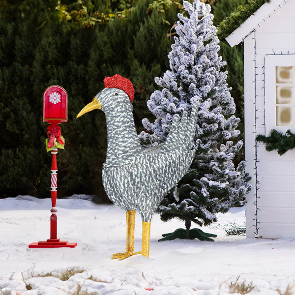 2FT Lighted Christmas Rooster Outdoor Decoration, Weather Proof Plush Rooster Christmas Ornament Home Decor Pre-lit 50 LED White Lights with Stakes