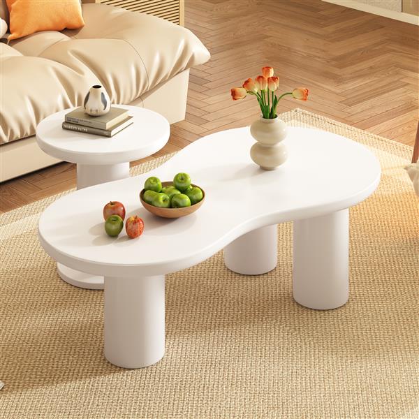 Easy Assembly Nesting Coffee Table Set of 2, Cream Style Cloud Coffee Table with Round Small Side Table,  Irregular Center Table with Thick Legs for Living Room, White, 39.3''x 13.7'',Φ15.7''