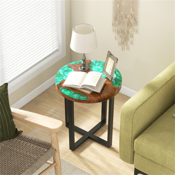 20-inch round end table with epoxy top for indoor and outdoor use