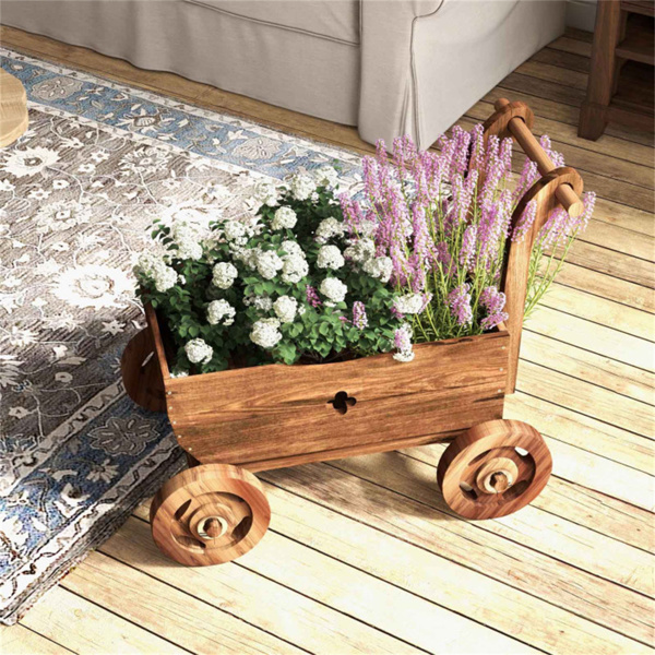 27" Decorative Wooden Wagon Cart with Handle Wheels 