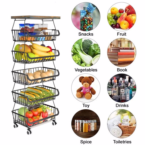 6-Tier Fruit Basket Rack, Stackable Wire Basket Cart with Solid Wood Top, Kitchen Vegetable Storage&Organization