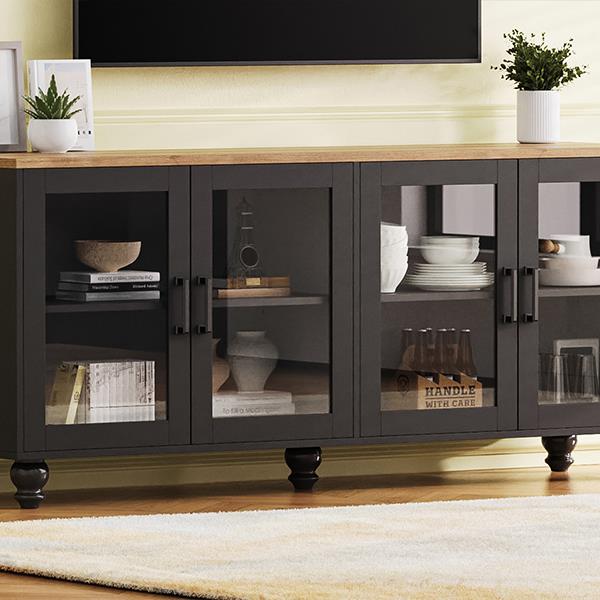 Farmhouse TV Stand with Tempered Glass Doors for TVs Up to 70", Versatile Sideboard with Adjustable Shelves, Elegant Buffet Cabinet with 5 Solid Wood Gourd-Shaped Legs for Living Room, Black