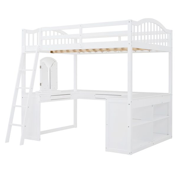 Full Wooden Loft Bed with U-shaped Desk,Storage Compartments and Tri-fold Mirror, White 