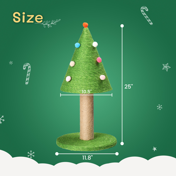 25in Christmas Tree Scratching Post, Cute Cat Scratcher with Natural Sisal Covered Frame & Colorful Little Balls for Indoor Cats