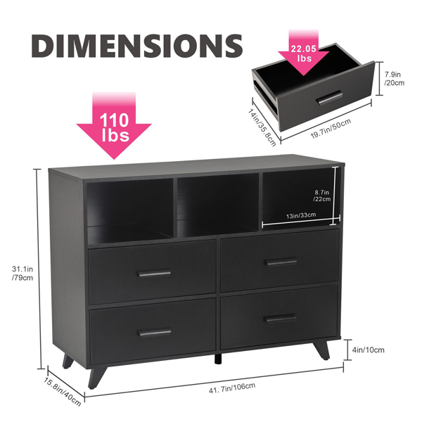 Schrank mit Schubladen, Tv Schrank für 32 40 43 Zoll TV, Holz Kommode mit 4 Schubladen & 3 Offenen Fächern, Kommode Schubladen für Schrank, Wohnzimmer, Schlafzimmer