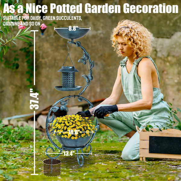 37.8 inch Bird Bath and Solar Bird Feeders Combo with Flower Planter Pedestal, Weather Resistant Metal Bird baths for Outdoors, Decorative Birdbath with Butterfly for Garden Yard, Antique Blue