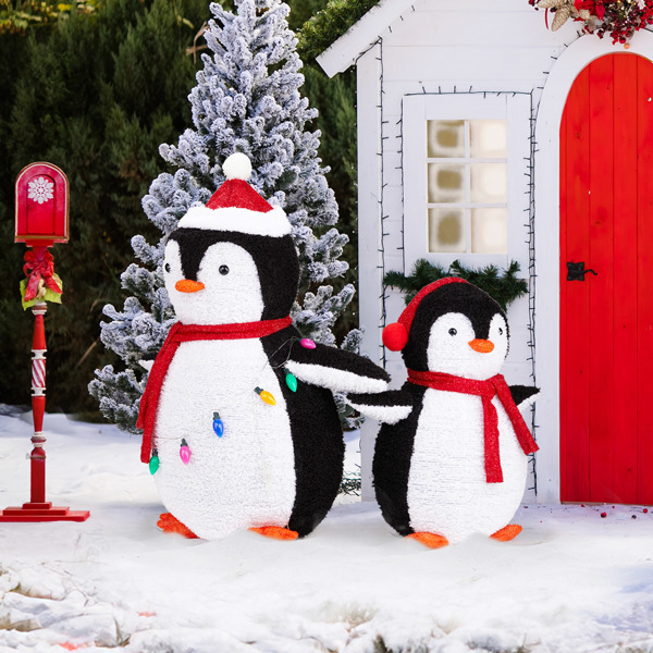 2-Piece Lighted Plush Penguins Christmas Yard Decorations, Set of 2 Pre-lit Pull Up Penguins with 150 Warm White LEDs, Multi-color Light String and Stakes for Xmas Outdoor Holiday Indoor Decor