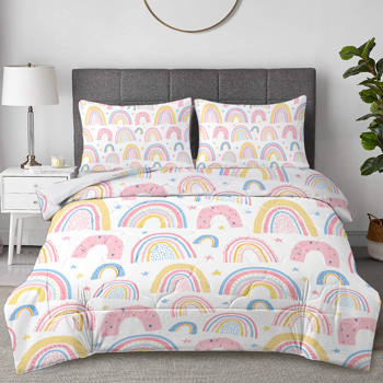 Rainbow Pattern Comforter Set for Women Pink and Yellow Rainbow Star Comforter 3 Piece with 2 Pillow Shams(1 Comforter and 2 Pillow Shams) Twin Size