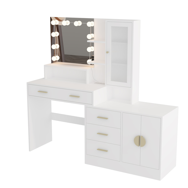 Large Makeup Vanity with Lights, Vanity Table with Charging Station, Vanity Desk with Mirror and 10 LED Light Bulbs, Makeup Table with Drawers and Storage Shelves and Cabinets, White