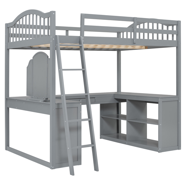 Full Wooden Loft Bed with U-shaped Desk,Storage Compartments and Tri-fold Mirror, Gray 