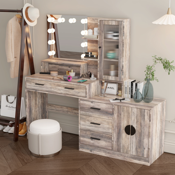 Large Makeup Vanity with Lights, Vanity Table with Charging Station, Vanity Desk with Mirror and 10 LED Light Bulbs, Makeup Table with Drawers and Storage Shelves and Cabinets, Gray