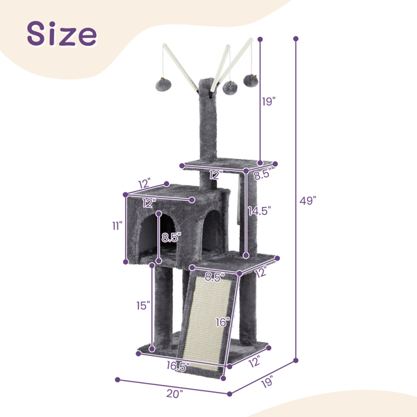 49 inch Cat Tree Cat Tower for Indoor Cats, Cat House with Padded Platform Bed, Toy Balls, Large Cozy Condo and Scratch Board, Dark Grey