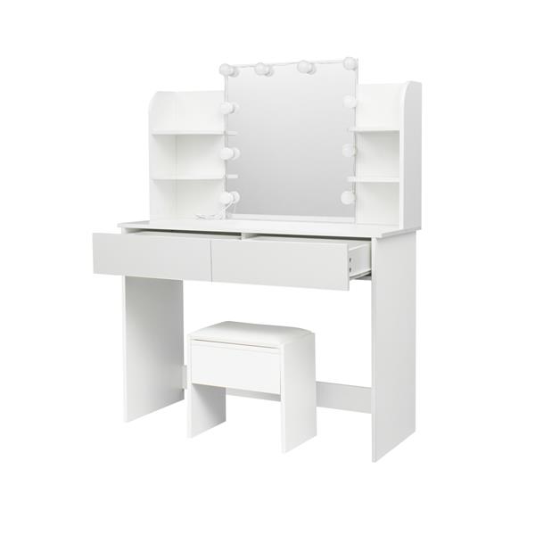 Modern Dressing table with 2 Drawers, 4 open shelves Rectangular Makeup Table with Mirror, 10-lamp bulb,,42.52*15.75* 52.76inch,for Bedroom