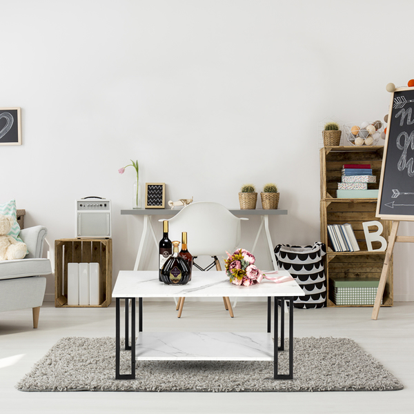 Coffee Table, 2 Layers 1.5cm Thick Marble MDF Rectangle 39.37" L Tabletop Iron Coffee Table , Dining Room, Coffee Shop, Resterant, White Top, Black Leg 