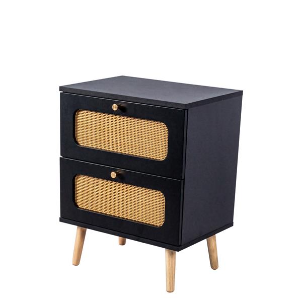 2-drawer Rattan Nightstand for Bedroom and Living Room, End Table, Side Table with 2 Hand Made Rattan Decorated Drawers