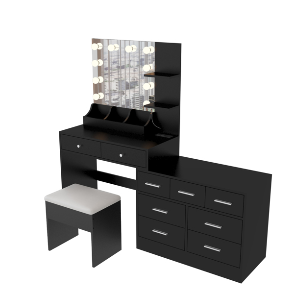 Large Makeup Vanity with Lights, Vanity Table with Charging Station, Vanity Desk with Mirror and 10 LED Light Bulbs, Makeup Table with Tabletop Compartments, Drawers and Storage Shelves, Black