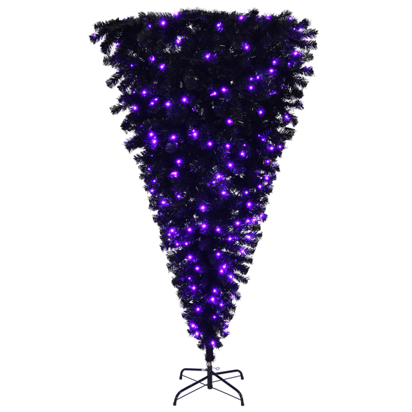 6 FT Pre-lit Upside Down Artificial Christmas Tree, Black Halloween Tree with 250 Purple Lights and Pumpkin & Skull Ornaments