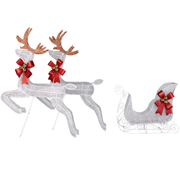 3-Piece Lighted Set of 2 Reindeer & Sleigh, Weather Proof Christmas Outdoor Decorations with Pre-lit 270 LED White Lights and Stakes for Xmas Outdoor Holiday Indoor Decor Lighted Holiday Displays, Whi