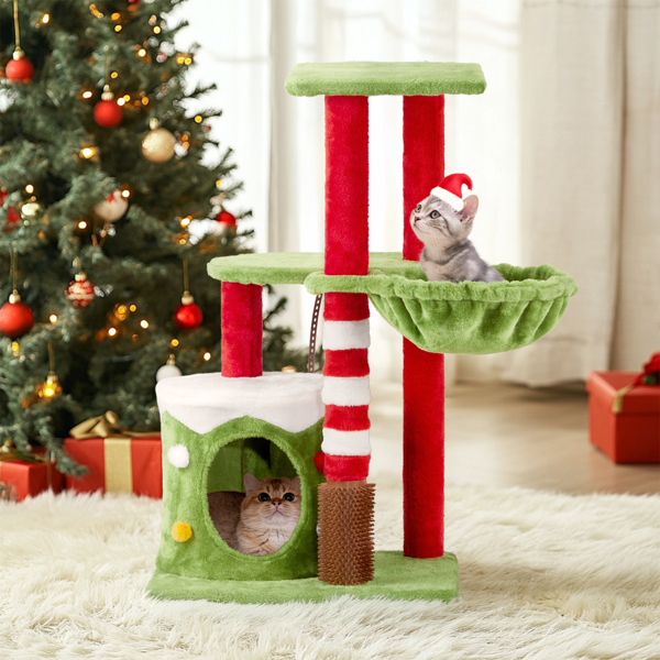 32in Cat Scratching Posts Tower with Cat Condo and Hammock, Christmas Themed Plush Cat Tree with Cat Massage Brush, Activity Center for Indoor Cats