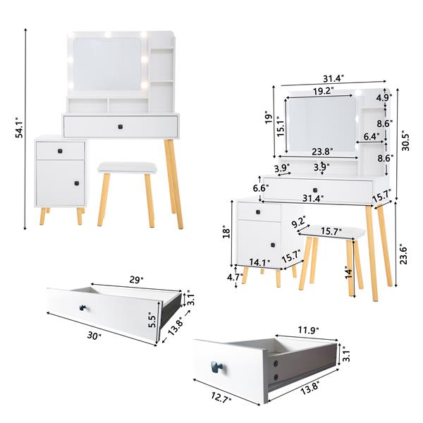 Dressing Table with Hollywood LED Mirror, Light Adjustable Brightness, Dressing Table, Padded Stool Set, White, Wooden Cosmetic Table with Drawer and Storage Cabinet