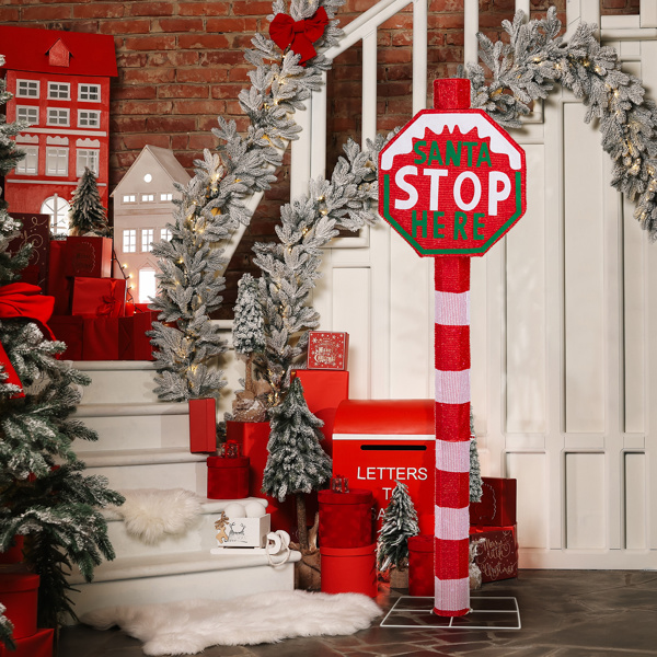 Lighted STOP Sign Christmas Yard Decorations, Pre-lit Road Sign SANTA STOP HERE with 70 LED White Lights and Stakes for Xmas Outdoor Holiday Indoor Decor Lighted Holiday Displays