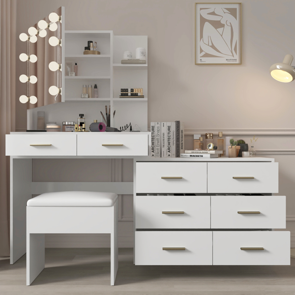 Large Makeup Vanity with Lights, Vanity Table with Charging Station, Vanity Desk with Mirror and 10 LED Light Bulbs, Makeup Table with Drawers and Storage Shelves, White