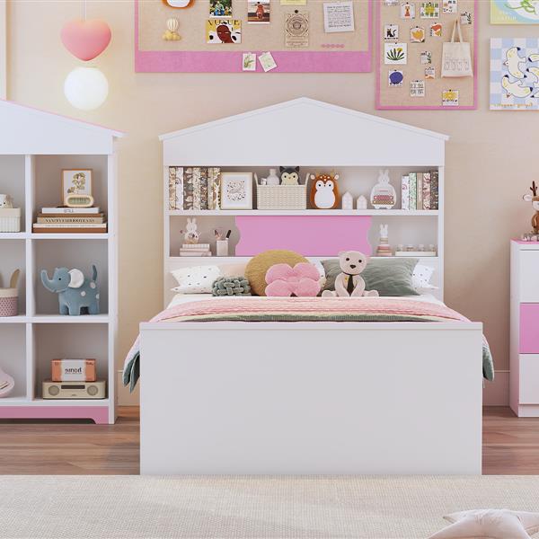 Twin Size House-Shaped Wooden Bed with Storage Shelf on the Headboard, Built-in Two Storage Drawers, Pink