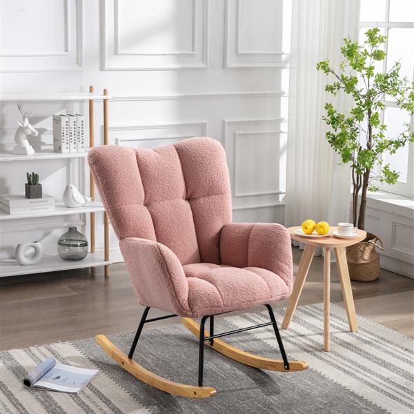 Mid Century Modern Teddy fabric Tufted Upholstered Rocking Chair Padded Seat for Living Room Bedroom,Pink