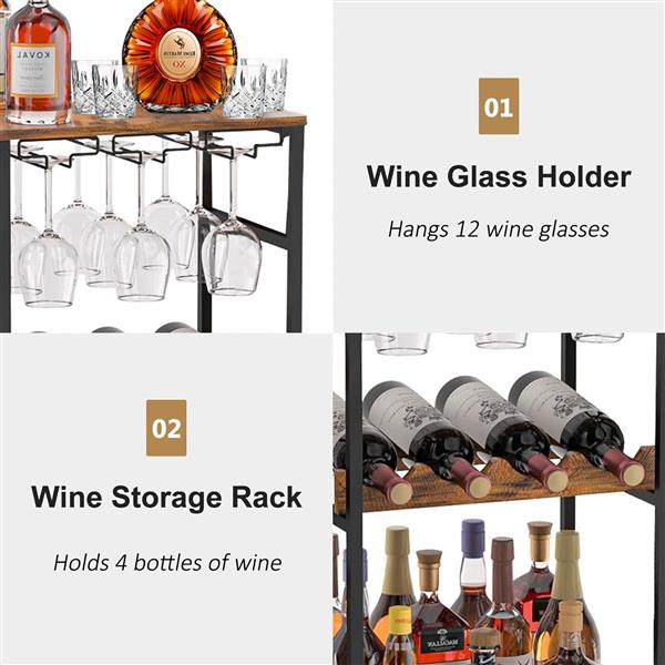 Versatile Liquor Stand for Home Bar, Wine Rack Freestanding Floor, Mini Bar Table for Liquor Whiskey Wine, 3-Tier Trapezoidal Liquor Bottle Display Shelf with Glass Holder and Fences