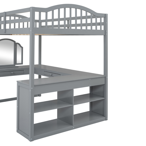 Full Wooden Loft Bed with U-shaped Desk,Storage Compartments and Tri-fold Mirror, Gray 