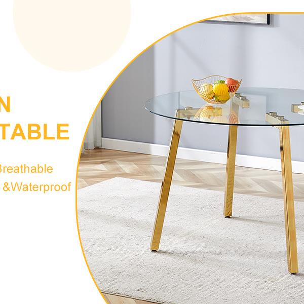 Modern Luxurious Round Tempered Glass Dining Table with Gold 7-Shaped Metal Legs,suitable for family meals, office conferences, or as a casual coffee table for various occasions.47.3*47.3*29.5