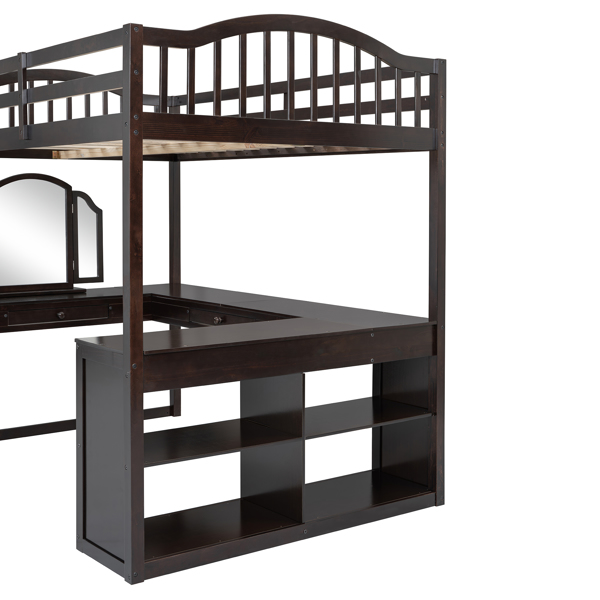 Full Wooden Loft Bed with U-shaped Desk,Storage Compartments and Tri-fold Mirror, Espresso 