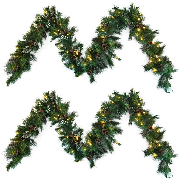 2-packed 9'X10'' Cashmere and Snow Bristle Garland with 20 Pine Cones and with 50 Warm White LED Lights with Timer-Battery Operated-Outdoor,160 Tips