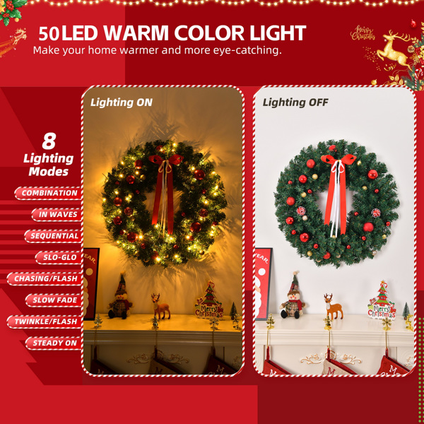 24in Pre-lit Battery Powered Christmas Wreath, Lighted Artificial Xmas Wreath with 50 Warm Lights and 80 PVC Tips and 14 DIY Ornaments, for Front Door Gate Wall Xmas Party Decorations