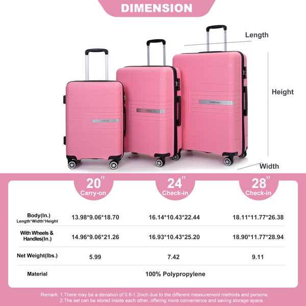 Hardshell Suitcase Double Spinner Wheels PP Luggage Sets Lightweight Durable Suitcase with TSA Lock,3-Piece Set (20/24/28) , Pink