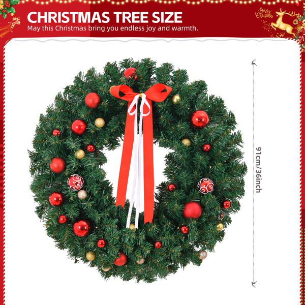 36in Pre-lit Battery Powered Christmas Wreath, Lighted Artificial Xmas Wreath with 80 Warm Lights and 270 PVC Tips and 18 DIY Ornaments, for Front Door Gate Wall Xmas Party Decorations