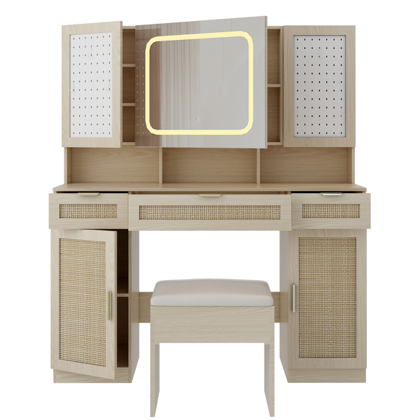 Large Vanity Table Set with LED Lighted Mirror and 2 DIY Pegboards, 5 Hooks, Vanity Desk with Charging Station, Makeup Table with Drawers, Storage Shelves and Cabinets, Cushioned Stool for Bedroom