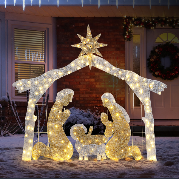 6ft Silver Roof 190LED Lights Nativity Scene Garden Jesus Decoration