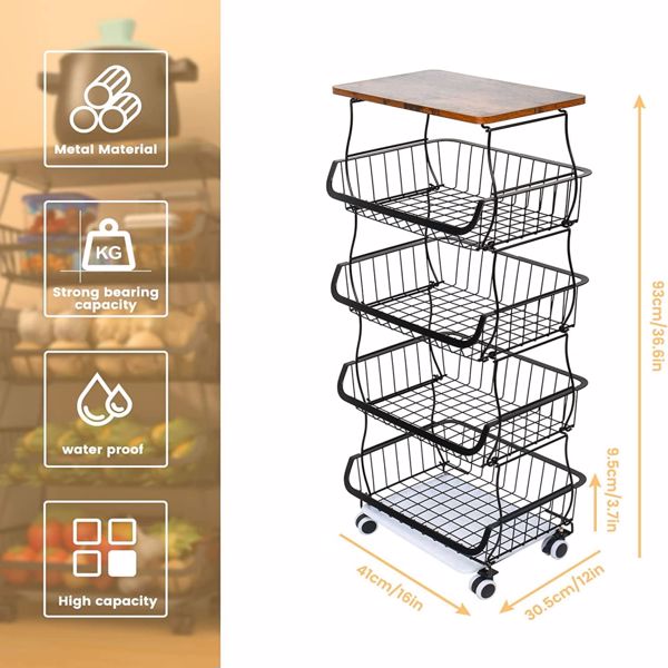 5 Tier Fruit Basket for Kitchen Organizers and Storage, Stackable Metal Wire Basket Stand Cart with Wheels for Fruit Vegetable