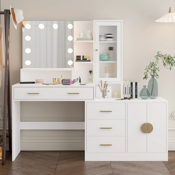 Large Makeup Vanity with Lights, Vanity Table with Charging Station, Vanity Desk with Mirror and 10 LED Light Bulbs, Makeup Table with Drawers and Storage Shelves and Cabinets, White