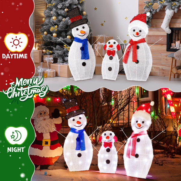 Lighted Snowman Christmas Yard Decorations, Set of 3 Pre-lit 2D Snowman Family with 80 LED White Lights and Stakes for Xmas Outdoor Holiday Indoor Decor Lighted Holiday Displays