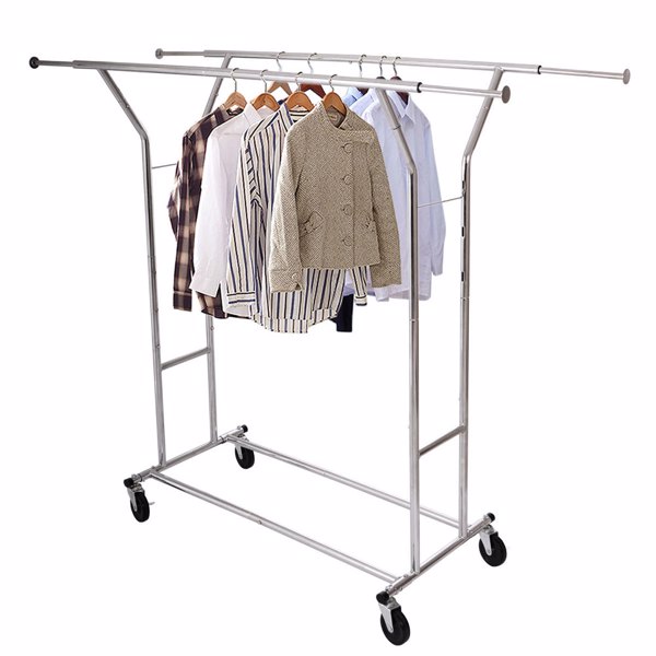 Portable Double-bar Steel Clothes Rack Silver