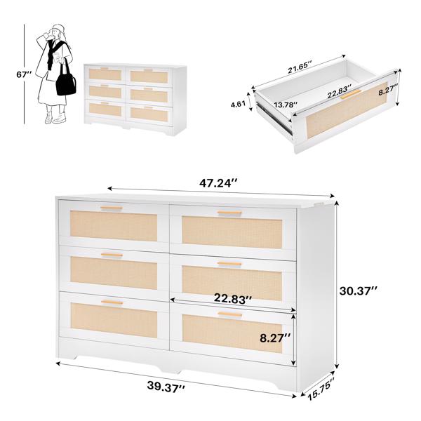 Generisch Rattan Kommode, Komode mit Schubladen, 6 Schubladen Dresser, 120x40x77 cm Tv Schrank, Flur Kommode & Chest of Drawers für Schlafzimmer Wohnzimmer, 120x40x77 cm (Weiß)