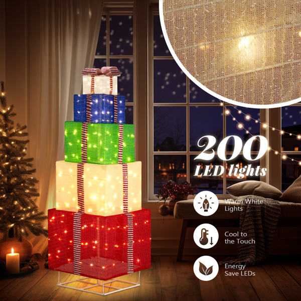 6FT Lighted Gift Box Tower, Pre-lit Pull Up Present Boxes with 200 LED Warm White Lights and Ropes Stakes for Christmas Outdoor Indoor Decorations Lighted Holiday Displays, Multicolor