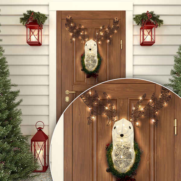 Lighted Christmas Wall Decor Reindeer Head, 39" Pre-lit 3D Rudolph Hanging Wreath for Front Door Window Indoor Outdoor Xmas Decor Lighted Holiday Displays